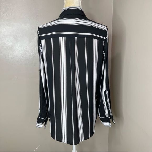 Mossimo Supply Co Womens Black Striped Button Up Shirt Medium Polyester - Picture 2 of 12